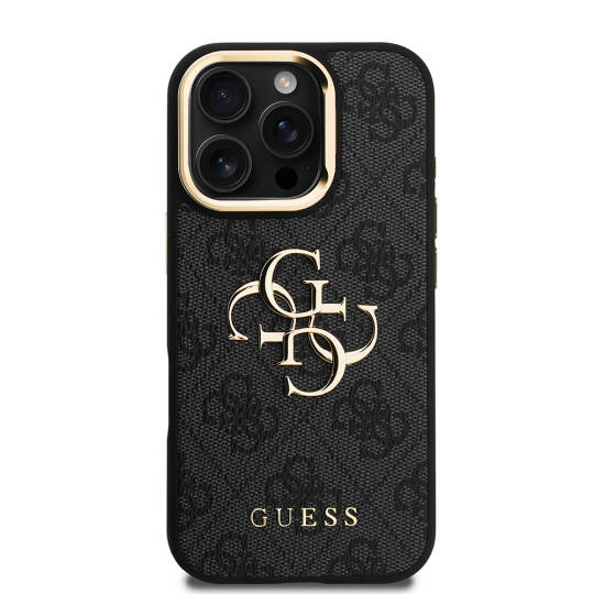 Apple iPhone 16 Pro Kılıf Guess Orjinal Lisanslı PU Deri 4G Desenli Metal Büyük 4G ve Yazı Logolu Kamera Standlı Kapak - 21