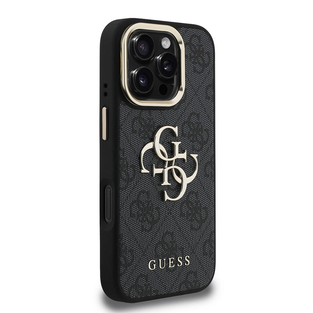 Apple iPhone 16 Pro Kılıf Guess Orjinal Lisanslı PU Deri 4G Desenli Metal Büyük 4G ve Yazı Logolu Kamera Standlı Kapak - 22