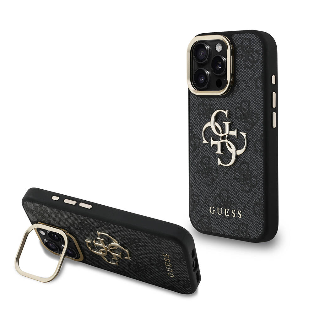 Apple iPhone 16 Pro Kılıf Guess Orjinal Lisanslı PU Deri 4G Desenli Metal Büyük 4G ve Yazı Logolu Kamera Standlı Kapak - 3