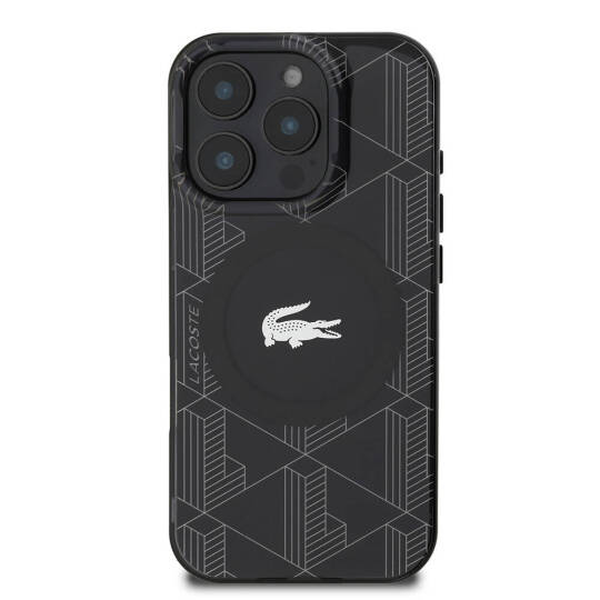 Apple iPhone 16 Pro Kılıf Lacoste Orjinal Lisanslı M-safe Şarj Özellikli IML Baskılı Gümüş Timsah Logolu Monogram Kapak - 6