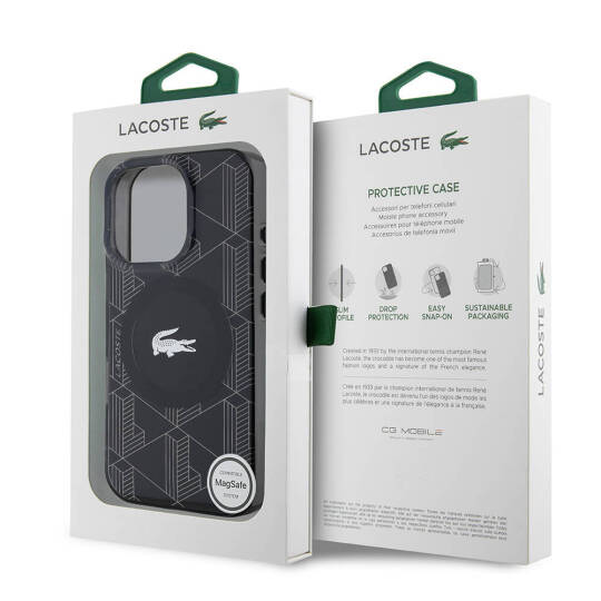 Apple iPhone 16 Pro Kılıf Lacoste Orjinal Lisanslı M-safe Şarj Özellikli IML Baskılı Gümüş Timsah Logolu Monogram Kapak - 11