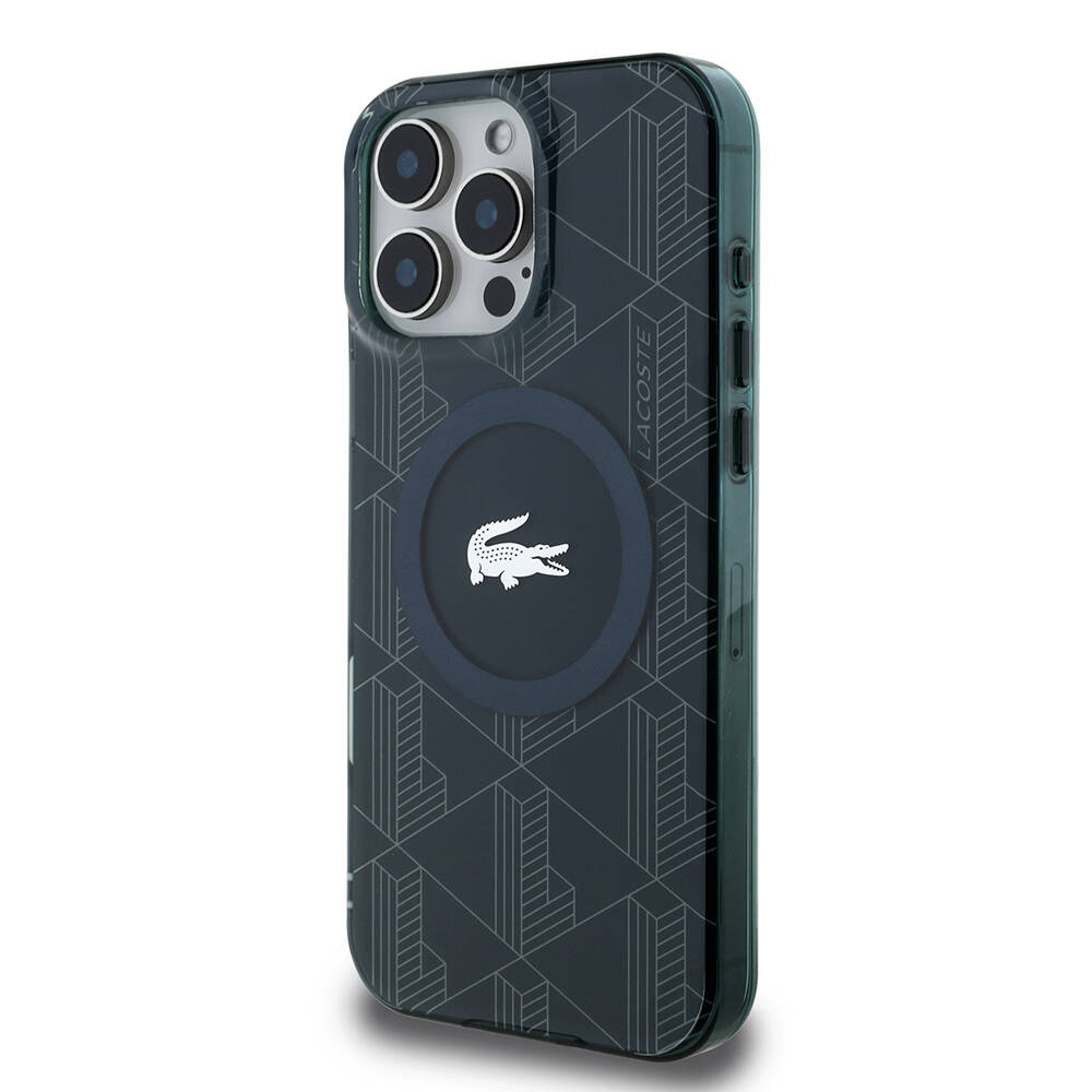 Apple iPhone 16 Pro Kılıf Lacoste Orjinal Lisanslı M-safe Şarj Özellikli IML Baskılı Gümüş Timsah Logolu Monogram Kapak - 20