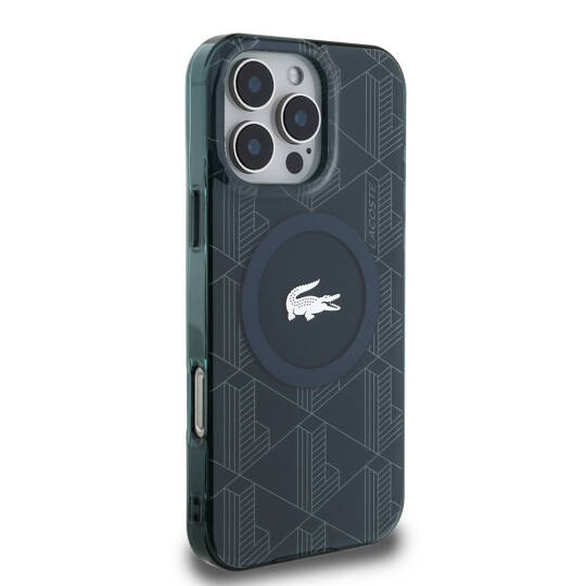Apple iPhone 16 Pro Kılıf Lacoste Orjinal Lisanslı M-safe Şarj Özellikli IML Baskılı Gümüş Timsah Logolu Monogram Kapak - 22