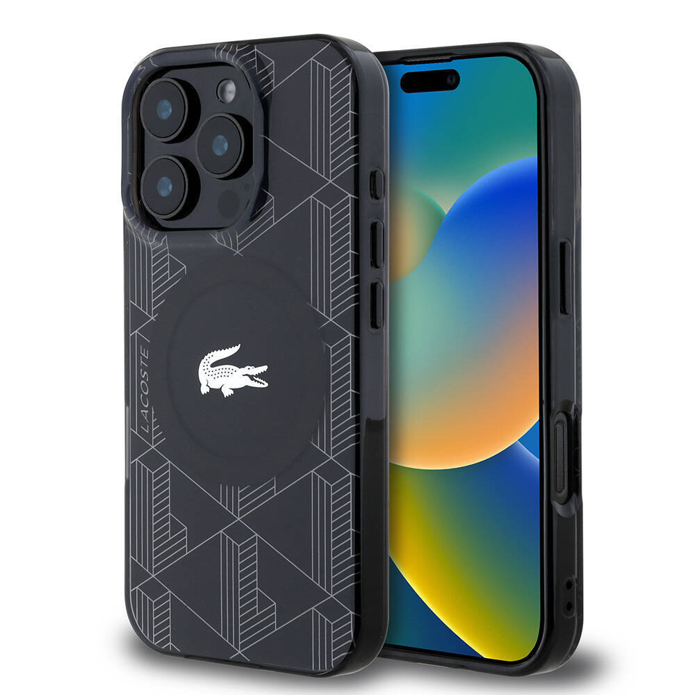 Apple iPhone 16 Pro Kılıf Lacoste Orjinal Lisanslı M-safe Şarj Özellikli IML Baskılı Gümüş Timsah Logolu Monogram Kapak - 2