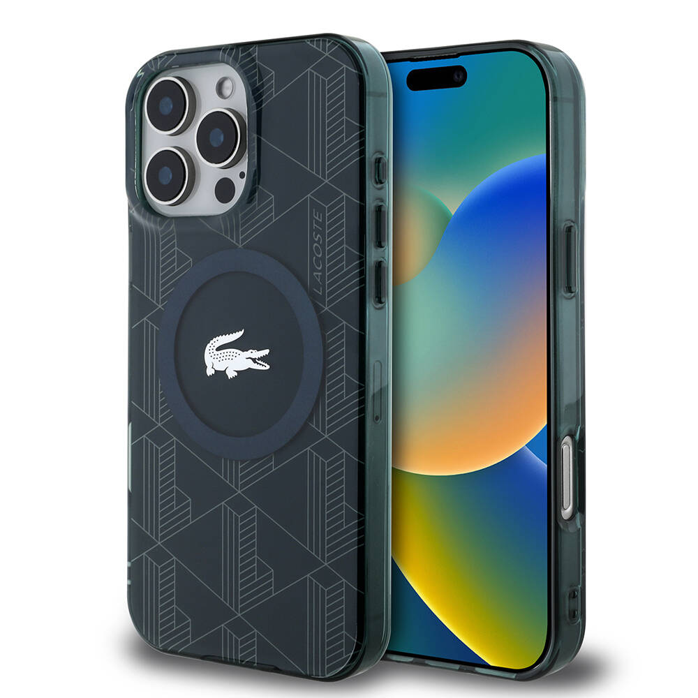 Apple iPhone 16 Pro Kılıf Lacoste Orjinal Lisanslı M-safe Şarj Özellikli IML Baskılı Gümüş Timsah Logolu Monogram Kapak - 1