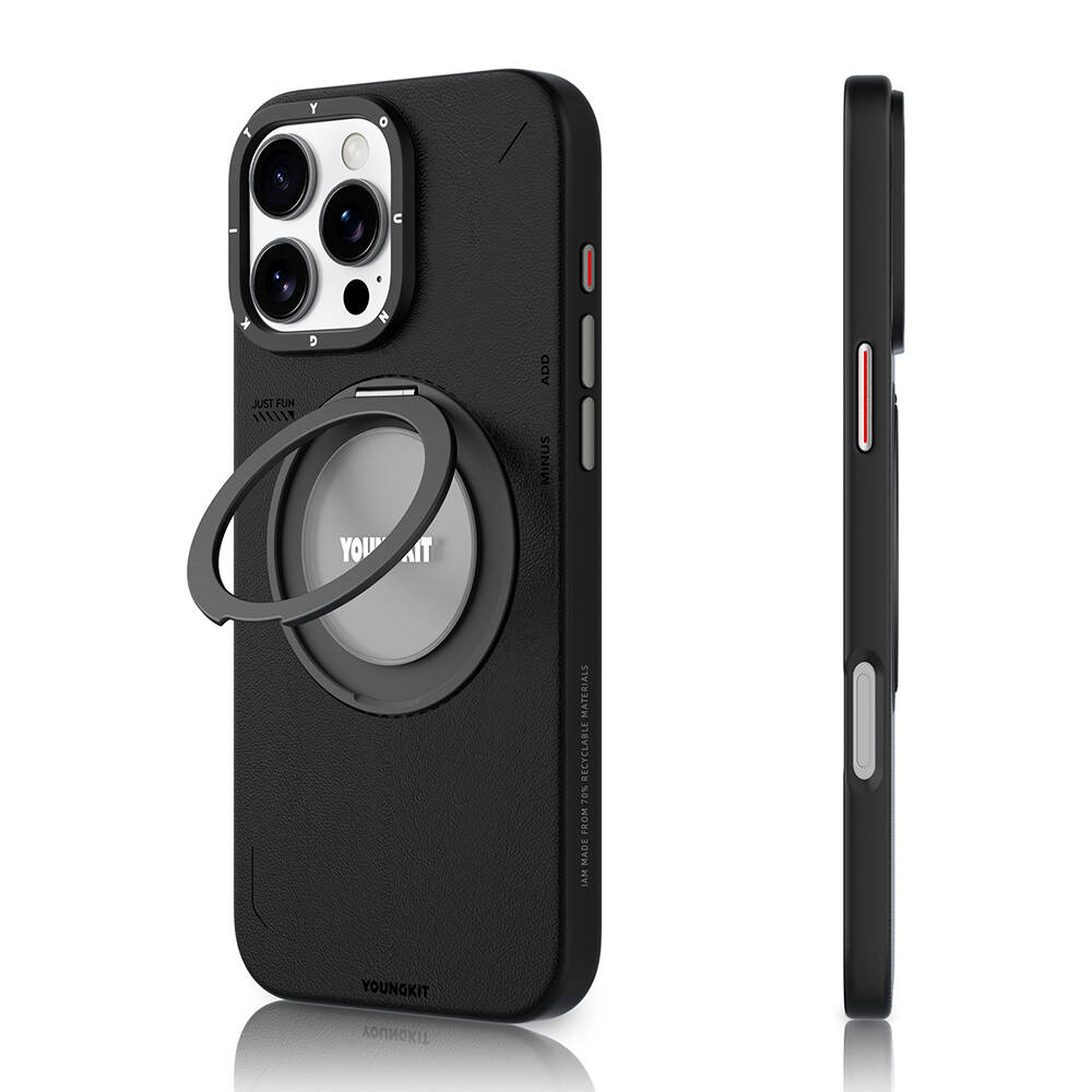 Apple iPhone 16 Pro Kılıf M-safe Şarj Özellikli 360° Standlı Basit Mat Deri Desenli Youngkit Tech Leather Serisi Kapak - 4