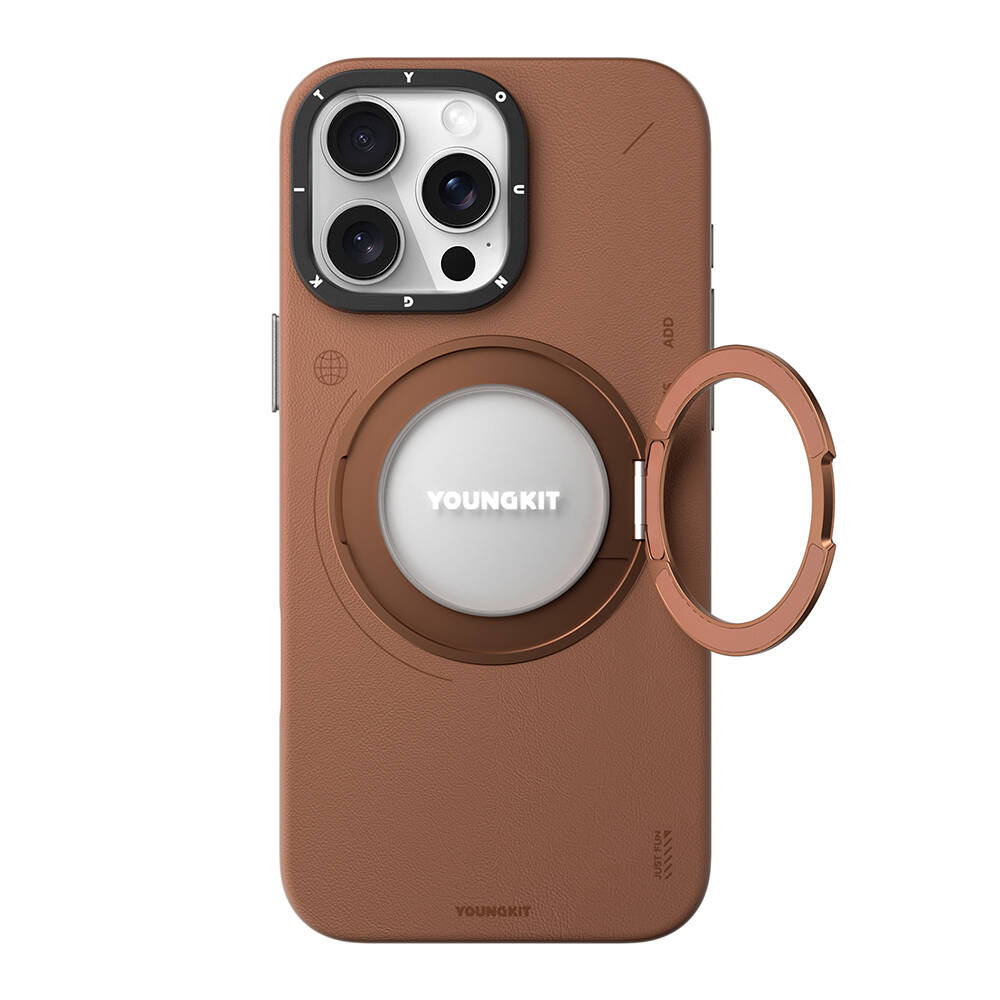 Apple iPhone 16 Pro Kılıf M-safe Şarj Özellikli 360° Standlı Basit Mat Deri Desenli Youngkit Tech Leather Serisi Kapak - 5