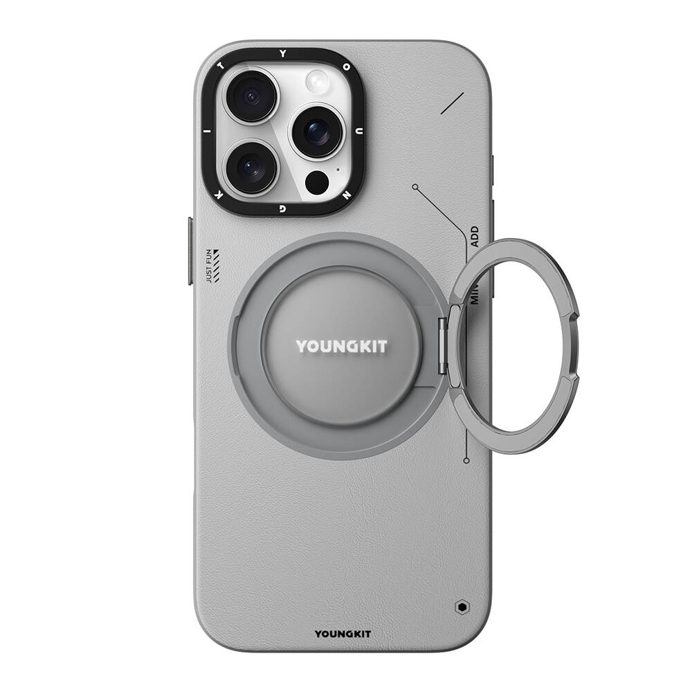 Apple iPhone 16 Pro Kılıf M-safe Şarj Özellikli 360° Standlı Basit Mat Deri Desenli Youngkit Tech Leather Serisi Kapak - 6