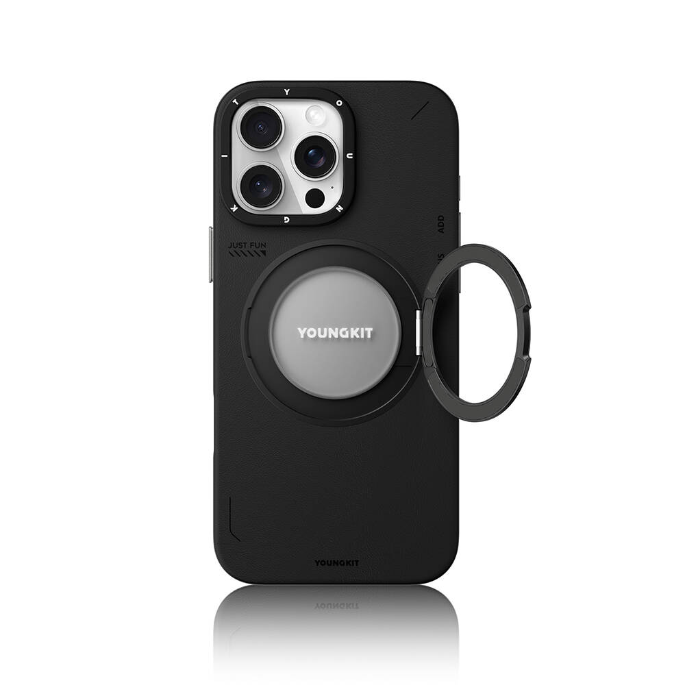 Apple iPhone 16 Pro Kılıf M-safe Şarj Özellikli 360° Standlı Basit Mat Deri Desenli Youngkit Tech Leather Serisi Kapak - 10