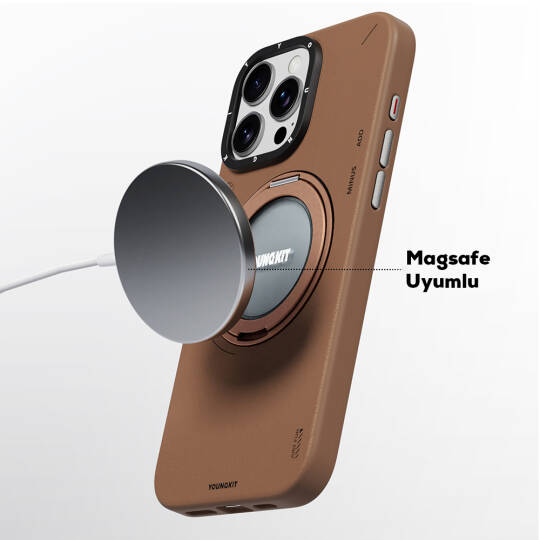 Apple iPhone 16 Pro Kılıf M-safe Şarj Özellikli 360° Standlı Basit Mat Deri Desenli Youngkit Tech Leather Serisi Kapak - 16