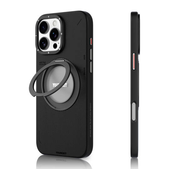 Apple iPhone 16 Pro Kılıf M-safe Şarj Özellikli 360° Standlı Basit Mat Deri Desenli Youngkit Tech Leather Serisi Kapak Siyah