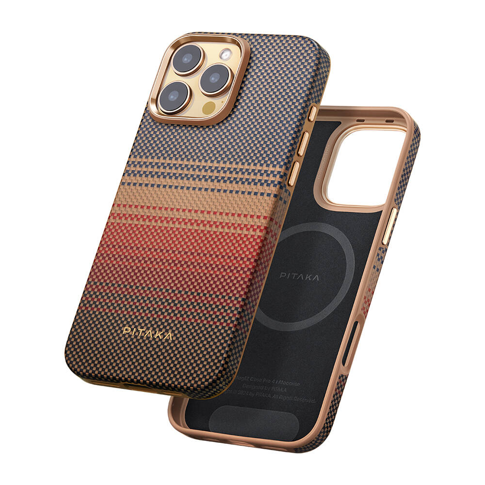 Apple iPhone 16 Pro Kılıf M-safe Şarj Özellikli Aramid Karbon Fiber Pitaka Military-Grade Sunset-Moonrise Serisi Sunset Kapak - 5