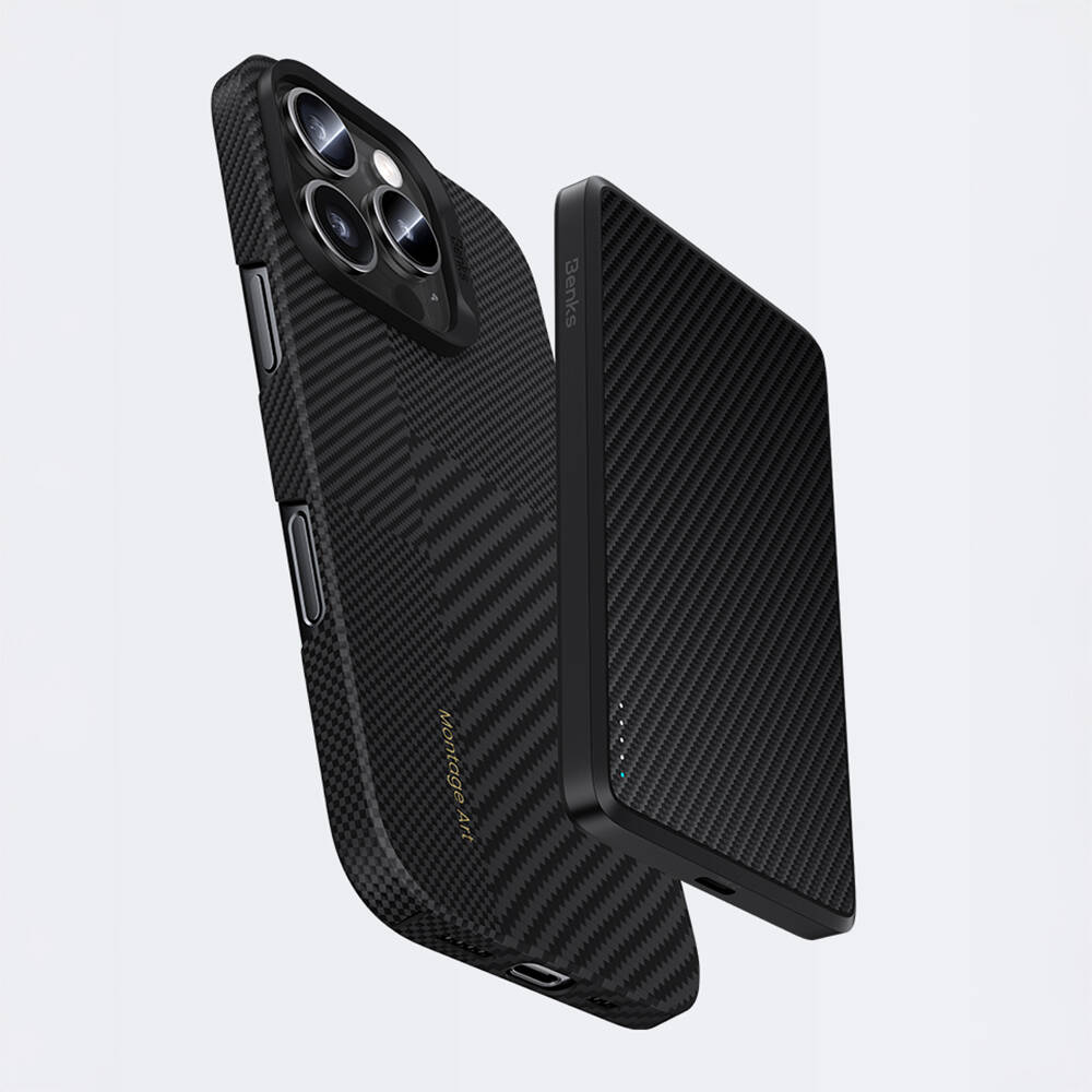 Apple iPhone 16 Pro Kılıf M-safe Şarj Özellikli Karbon Fiber Metal Kamera Çerçeveli Benks Montage ArmorAir Kevlar Kapak - 11