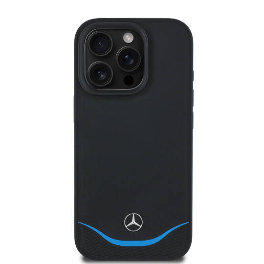 Apple iPhone 16 Pro Kılıf Mercedes Benz Orjinal Lisanslı M-safe Şarj Özellikli 3D Metal Logolu Mavi Yatay Eğri Çizgili Deri Kapak - 2
