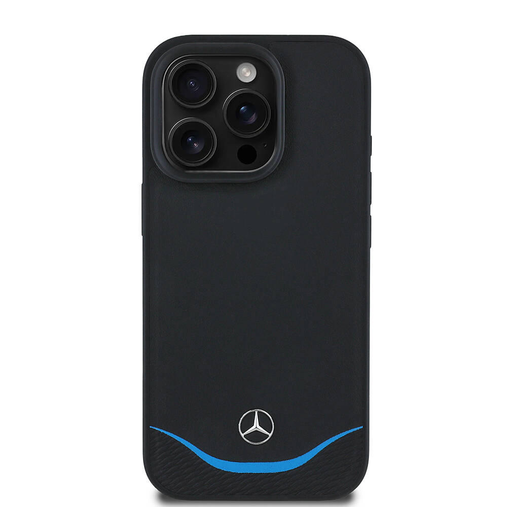 Apple iPhone 16 Pro Kılıf Mercedes Benz Orjinal Lisanslı M-safe Şarj Özellikli 3D Metal Logolu Mavi Yatay Eğri Çizgili Deri Kapak - 2