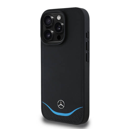 Apple iPhone 16 Pro Kılıf Mercedes Benz Orjinal Lisanslı M-safe Şarj Özellikli 3D Metal Logolu Mavi Yatay Eğri Çizgili Deri Kapak - 3