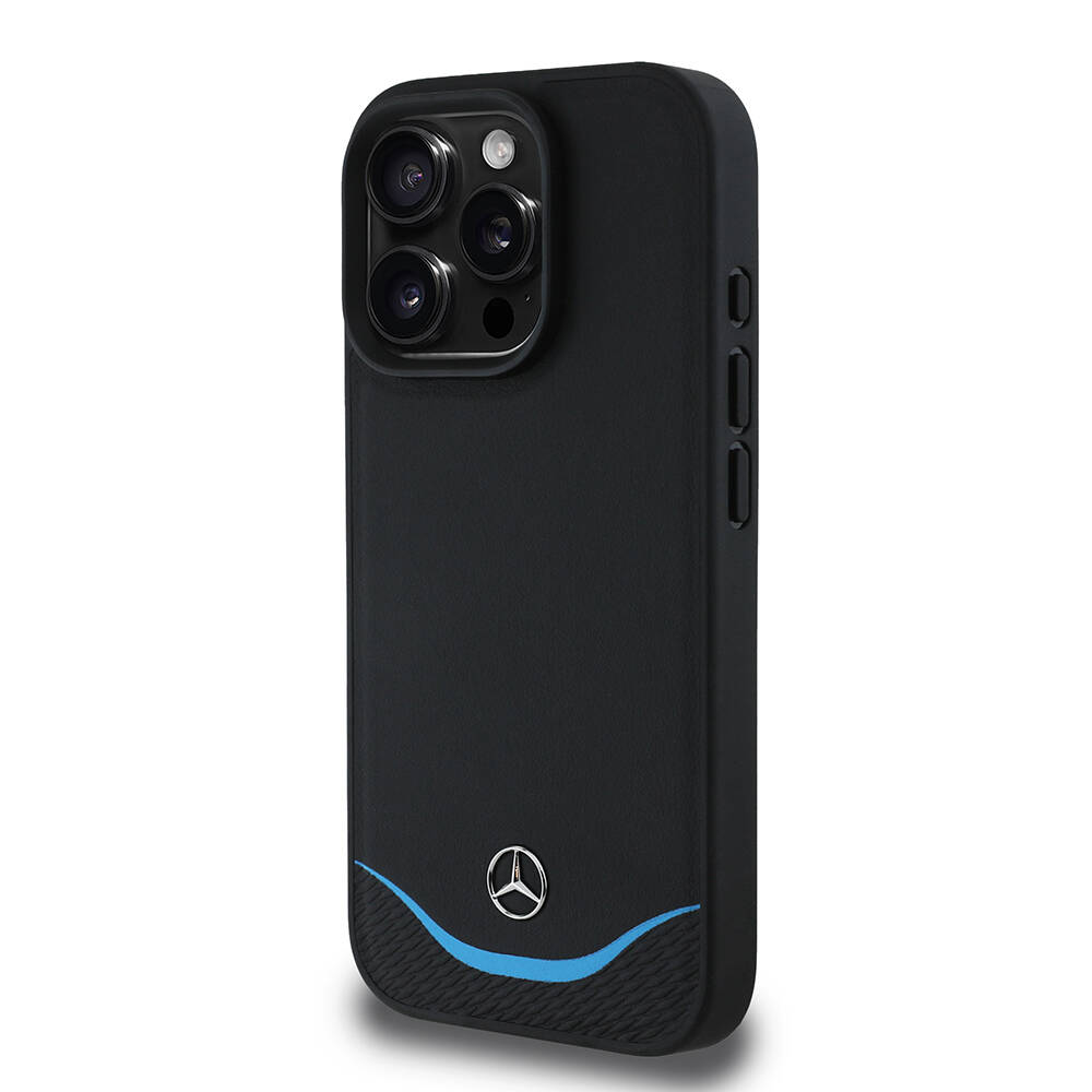 Apple iPhone 16 Pro Kılıf Mercedes Benz Orjinal Lisanslı M-safe Şarj Özellikli 3D Metal Logolu Mavi Yatay Eğri Çizgili Deri Kapak - 3