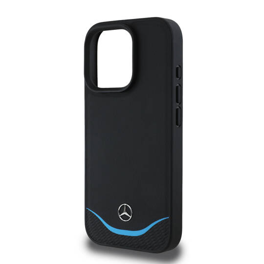 Apple iPhone 16 Pro Kılıf Mercedes Benz Orjinal Lisanslı M-safe Şarj Özellikli 3D Metal Logolu Mavi Yatay Eğri Çizgili Deri Kapak - 5