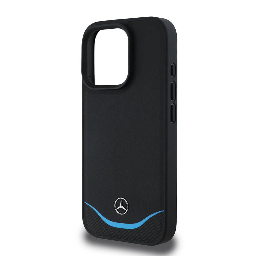 Apple iPhone 16 Pro Kılıf Mercedes Benz Orjinal Lisanslı M-safe Şarj Özellikli 3D Metal Logolu Mavi Yatay Eğri Çizgili Deri Kapak - 5