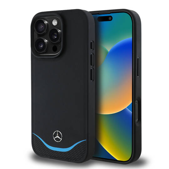 Apple iPhone 16 Pro Kılıf Mercedes Benz Orjinal Lisanslı M-safe Şarj Özellikli 3D Metal Logolu Mavi Yatay Eğri Çizgili Deri Kapak - 8
