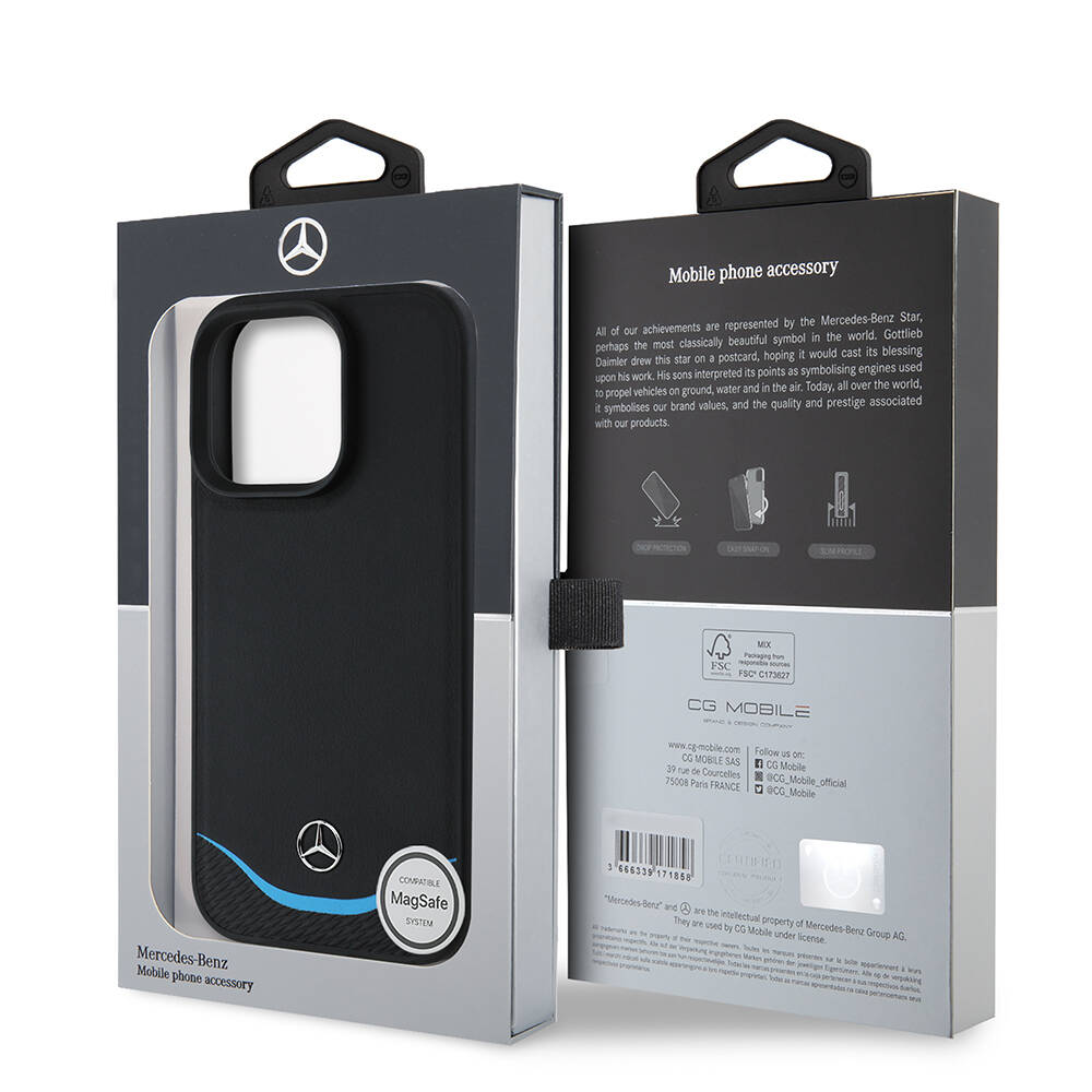 Apple iPhone 16 Pro Kılıf Mercedes Benz Orjinal Lisanslı M-safe Şarj Özellikli 3D Metal Logolu Mavi Yatay Eğri Çizgili Deri Kapak - 9