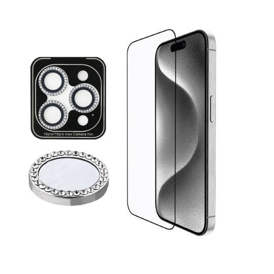 Apple iPhone 16 Pro Max Guess Orjinal Lisanslı Rhinestone Ekran Koruyucu + Lens Koruyucu 2in1 Aksesuar Seti - 3