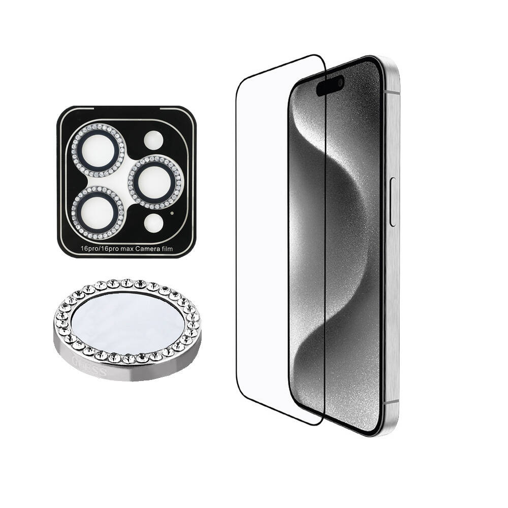 Apple iPhone 16 Pro Max Guess Orjinal Lisanslı Rhinestone Ekran Koruyucu + Lens Koruyucu 2in1 Aksesuar Seti - 3