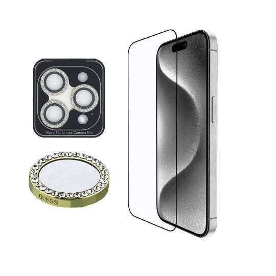 Apple iPhone 16 Pro Max Guess Orjinal Lisanslı Rhinestone Ekran Koruyucu + Lens Koruyucu 2in1 Aksesuar Seti - 2
