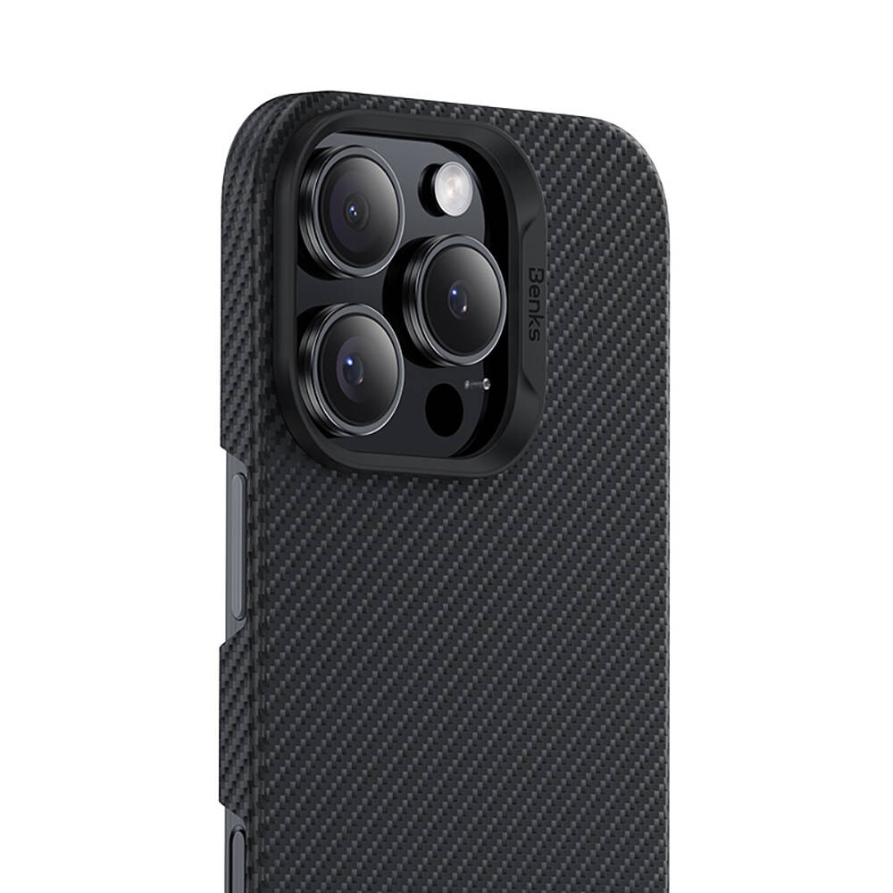 Apple iPhone 16 Pro Max Kılıf Benks M-safe Şarj Özellikli Metal Kamera Çerçeveli Magnetik ArmorAir 600D Kevlar Karbon Fiber Kapak - 5