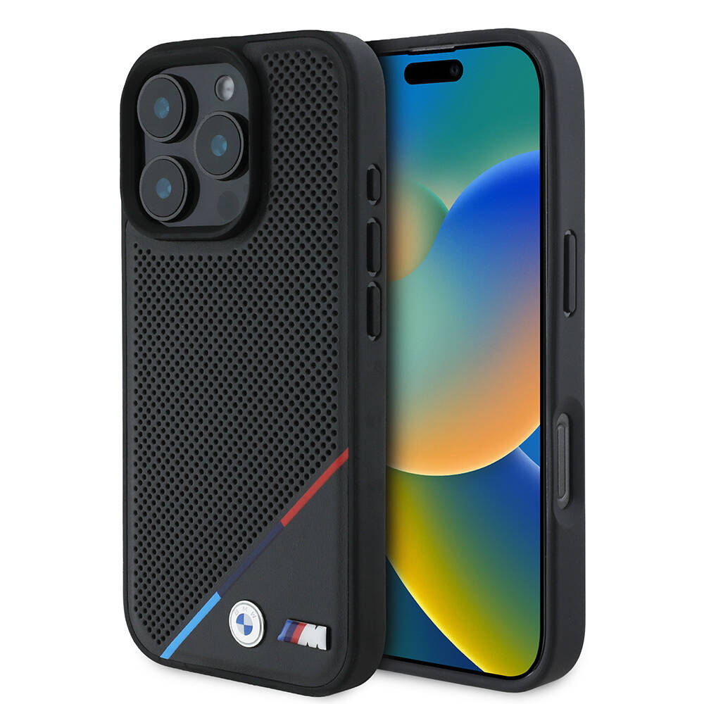 Apple iPhone 16 Pro Max Kılıf BMW Orjinal Lisanslı M-safe Şarj Özellikli M Logolu Üç Çizgili Delikli Deri Kapak - 1