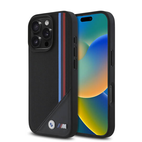 Apple iPhone 16 Pro Max Kılıf BMW Orjinal Lisanslı M-safe Şarj Özellikli M Logolu Üç Çizgili Dikiş Detaylı Meshed Tricolor Stripes Kapak - 2