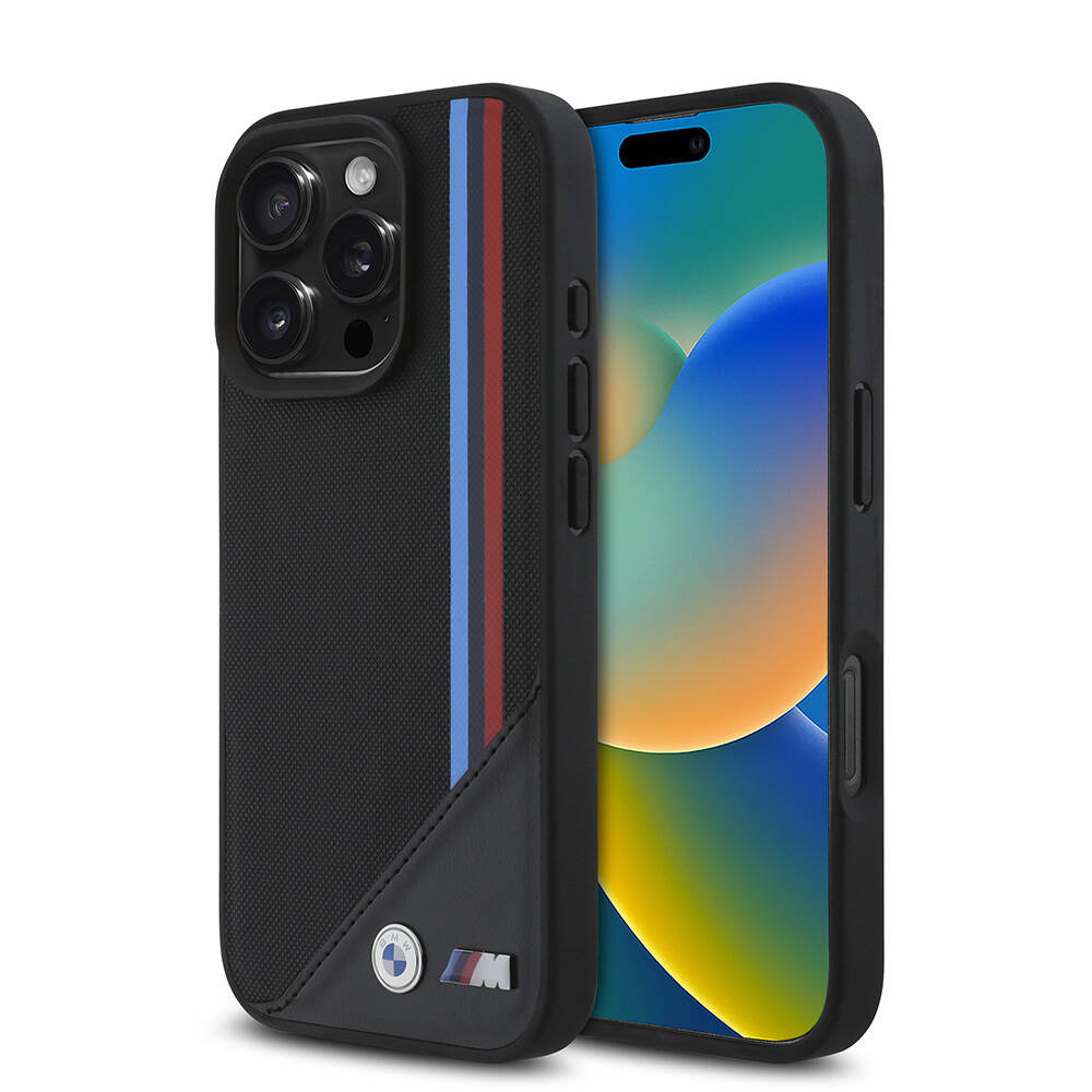 Apple iPhone 16 Pro Max Kılıf BMW Orjinal Lisanslı M-safe Şarj Özellikli M Logolu Üç Çizgili Dikiş Detaylı Meshed Tricolor Stripes Kapak - 2