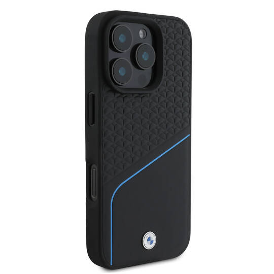 Apple iPhone 16 Pro Max Kılıf BMW Orjinal Lisanslı M-safe Şarj Özellikli Metal Logolu Dokulu ve Çizgili Deri Kapak - 6