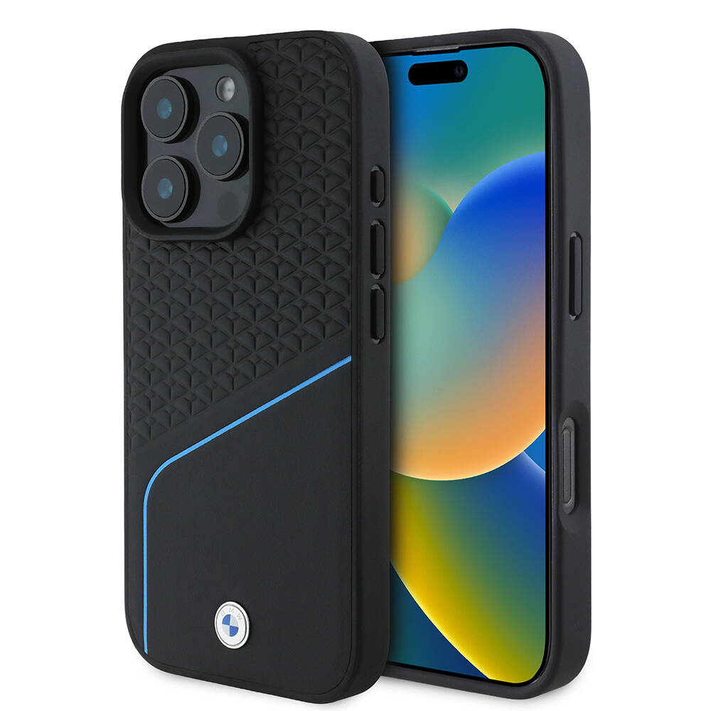 Apple iPhone 16 Pro Max Kılıf BMW Orjinal Lisanslı M-safe Şarj Özellikli Metal Logolu Dokulu ve Çizgili Deri Kapak - 2