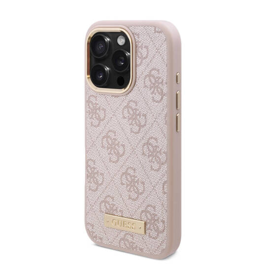 Apple iPhone 16 Pro Max Kılıf Guess Orjinal Lisanslı M-safe Şarj Özellikli 4G Desenli PU Metal Plaka Klasik Logolu Kapak - 5