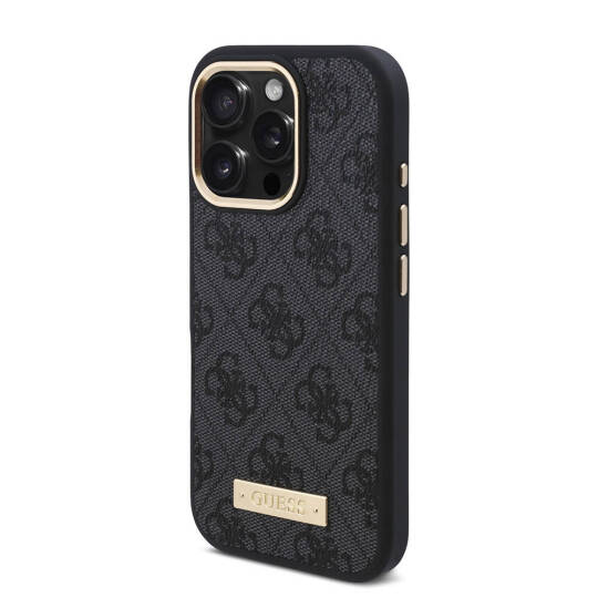 Apple iPhone 16 Pro Max Kılıf Guess Orjinal Lisanslı M-safe Şarj Özellikli 4G Desenli PU Metal Plaka Klasik Logolu Kapak - 13