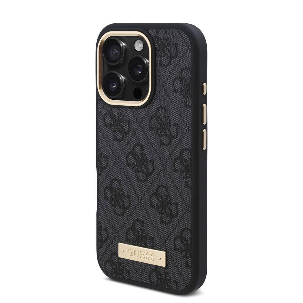 Apple iPhone 16 Pro Max Kılıf Guess Orjinal Lisanslı M-safe Şarj Özellikli 4G Desenli PU Metal Plaka Klasik Logolu Kapak - 13