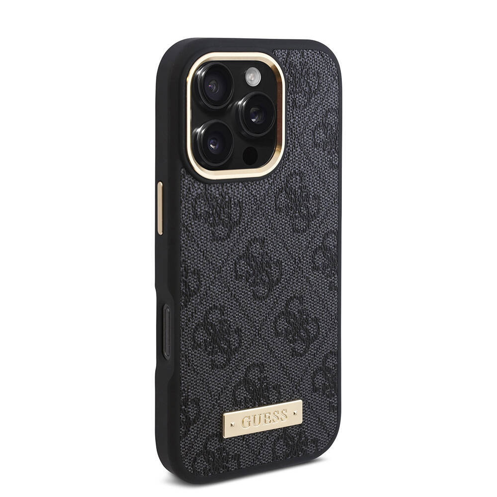 Apple iPhone 16 Pro Max Kılıf Guess Orjinal Lisanslı M-safe Şarj Özellikli 4G Desenli PU Metal Plaka Klasik Logolu Kapak - 15