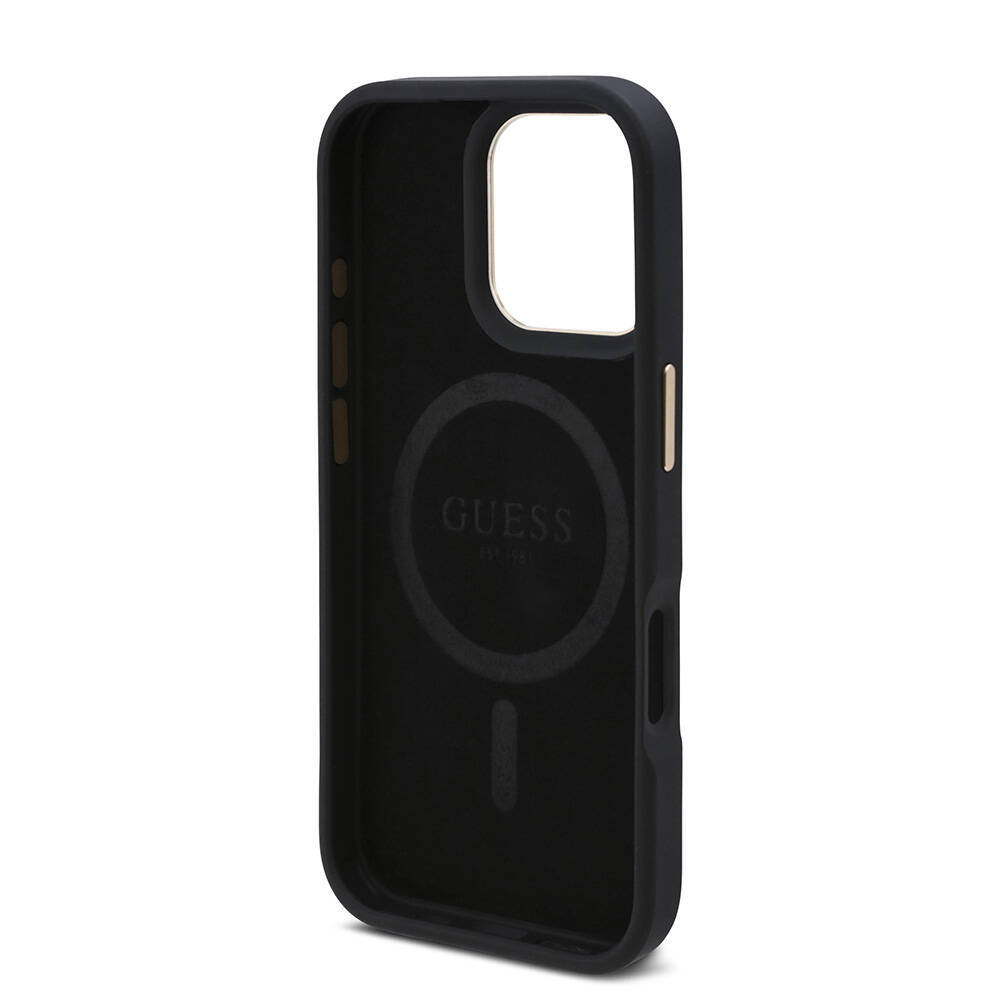 Apple iPhone 16 Pro Max Kılıf Guess Orjinal Lisanslı M-safe Şarj Özellikli 4G Desenli PU Metal Plaka Klasik Logolu Kapak - 18