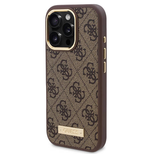 Apple iPhone 16 Pro Max Kılıf Guess Orjinal Lisanslı M-safe Şarj Özellikli 4G Desenli PU Metal Plaka Klasik Logolu Kapak - 21