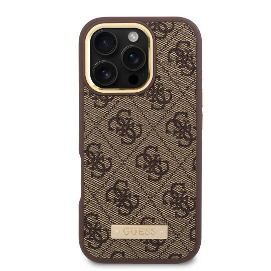 Apple iPhone 16 Pro Max Kılıf Guess Orjinal Lisanslı M-safe Şarj Özellikli 4G Desenli PU Metal Plaka Klasik Logolu Kapak - 22