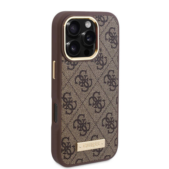 Apple iPhone 16 Pro Max Kılıf Guess Orjinal Lisanslı M-safe Şarj Özellikli 4G Desenli PU Metal Plaka Klasik Logolu Kapak - 23