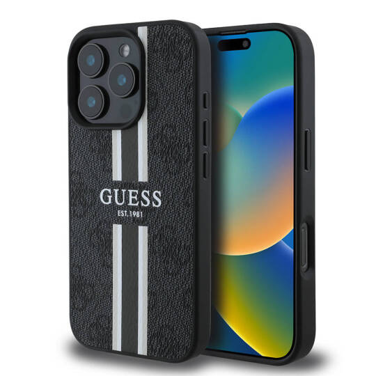 Apple iPhone 16 Pro Max Kılıf Guess Orjinal Lisanslı M-safe Şarj Özellikli 4G Şerit Tasarımlı Printed Kapak - 4