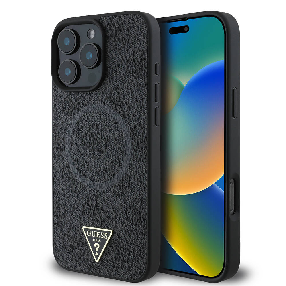 Apple iPhone 16 Pro Max Kılıf Guess Orjinal Lisanslı M-safe Şarj Özellikli PU Üçgen Logo 4G Desenli Kapak - 1