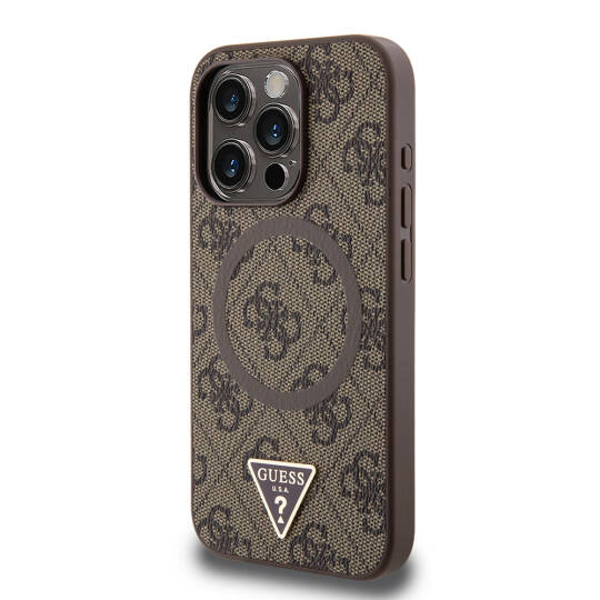 Apple iPhone 16 Pro Max Kılıf Guess Orjinal Lisanslı M-safe Şarj Özellikli PU Üçgen Logo 4G Desenli Kapak - 16