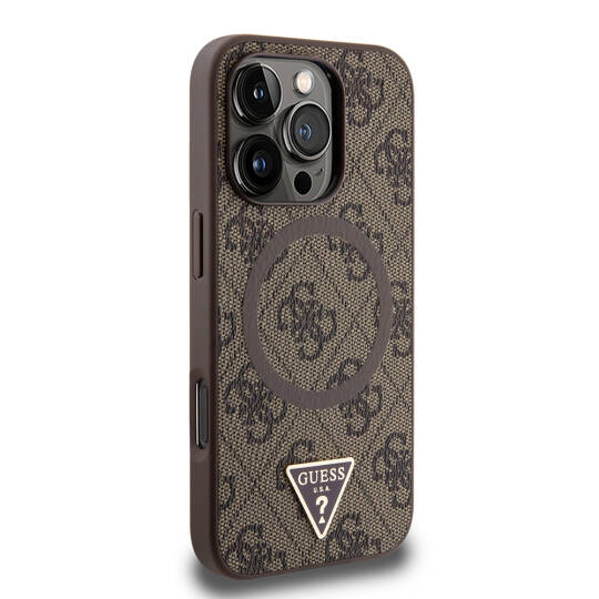 Apple iPhone 16 Pro Max Kılıf Guess Orjinal Lisanslı M-safe Şarj Özellikli PU Üçgen Logo 4G Desenli Kapak - 18