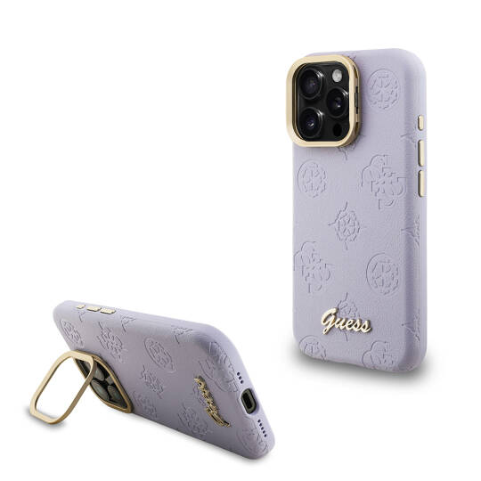 Apple iPhone 16 Pro Max Kılıf Guess Orjinal Lisanslı M-safe Şarj Özellikli Sıcak Baskılı Yazı Logolu Kamera Standlı PU Deri Peony Kapak - 5