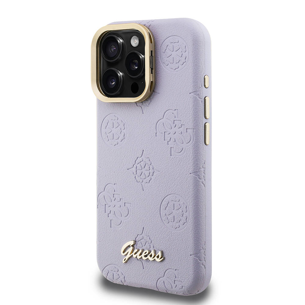 Apple iPhone 16 Pro Max Kılıf Guess Orjinal Lisanslı M-safe Şarj Özellikli Sıcak Baskılı Yazı Logolu Kamera Standlı PU Deri Peony Kapak - 6