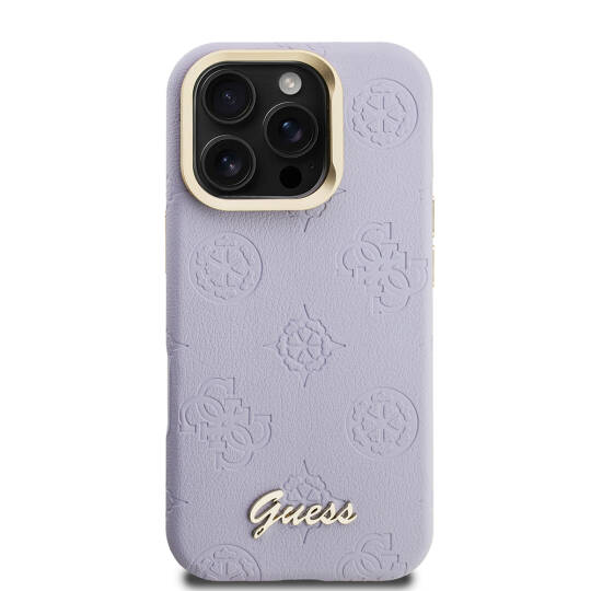 Apple iPhone 16 Pro Max Kılıf Guess Orjinal Lisanslı M-safe Şarj Özellikli Sıcak Baskılı Yazı Logolu Kamera Standlı PU Deri Peony Kapak - 7