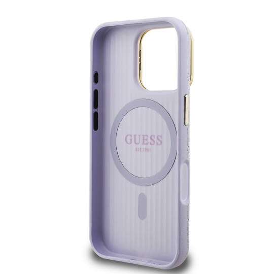 Apple iPhone 16 Pro Max Kılıf Guess Orjinal Lisanslı M-safe Şarj Özellikli Sıcak Baskılı Yazı Logolu Kamera Standlı PU Deri Peony Kapak - 11